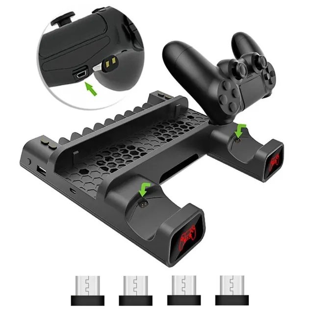 Мультифункциональная вертикальная подставка DOBE для Sony PlayStation PS4 Pro / PS4 Slim / PS4 Fat с охлаждающими кулерами, зарядная станция для двух геймпадов DUALSHOCK 4 с LED подсветкой, подставка под 10 дисков