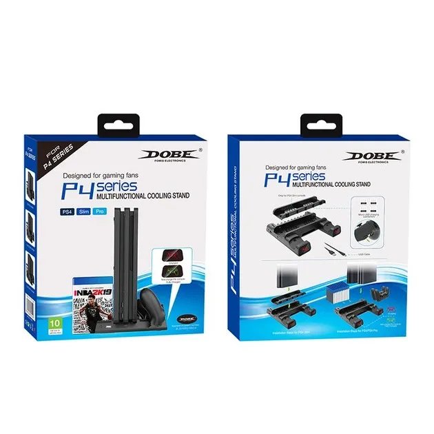 Мультифункциональная вертикальная подставка DOBE для Sony PlayStation PS4 Pro / PS4 Slim / PS4 Fat с охлаждающими кулерами, зарядная станция для двух геймпадов DUALSHOCK 4 с LED подсветкой, подставка под 10 дисков