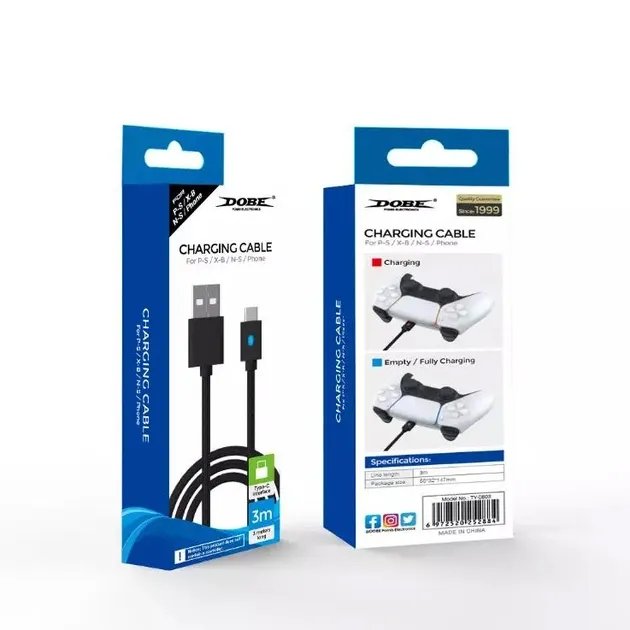 Зарядный кабель DOBE 3м USB / USB Type-C для геймпада DualSense Sony PlayStation PS5 / PS5 Digital Edition / Microsoft Xbox Series S,X / Nintendo Switch с LED подсветкой статуса зарядки