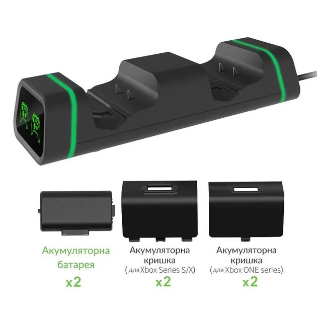 Двойная зарядная dock станция DOBE с двумя аккумуляторными батареями 800 mAh подставка для геймпадов Microsoft Wireless Controller Xbox Series X|S, Xbox One X / Xbox One S / Xbox One c LED индикаторами статуса зарядки джойстика