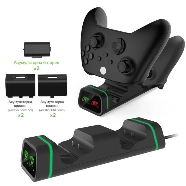 Двойная зарядная dock станция DOBE с двумя аккумуляторными батареями 800 mAh подставка для геймпадов Microsoft Wireless Controller Xbox Series X|S, Xbox One X / Xbox One S / Xbox One c LED индикаторами статуса зарядки джойстика