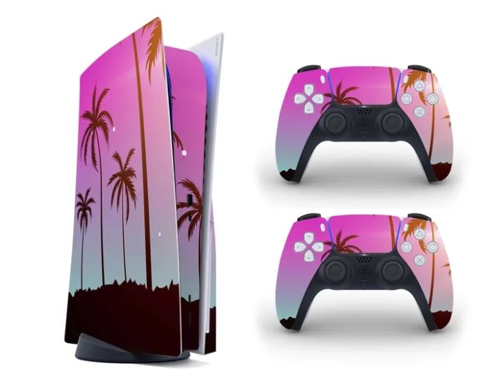 Виниловая наклейка на Sony PlayStation PS5 консоль и контроллер с принтом пальмы, арт.700355