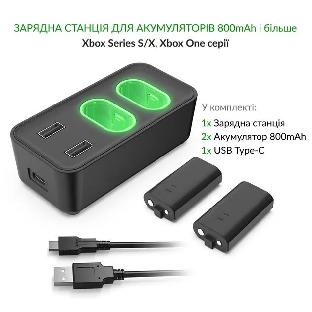 Зарядная dock станция DOBE с двумя аккумуляторными батареями объемом 800 mAh для геймпада Microsoft Wireless Controller консоли Xbox Series X|S, Xbox One X / Xbox One S / Xbox One с LED подсветкой статуса зарядки