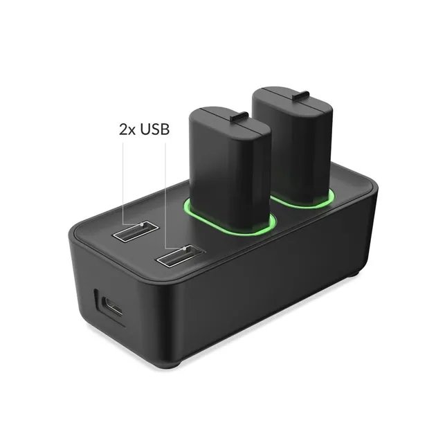 Зарядная dock станция DOBE с двумя аккумуляторными батареями объемом 800 mAh для геймпада Microsoft Wireless Controller консоли Xbox Series X|S, Xbox One X / Xbox One S / Xbox One с LED подсветкой статуса зарядки