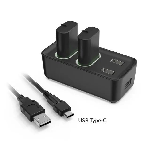 Зарядная dock станция DOBE с двумя аккумуляторными батареями объемом 800 mAh для геймпада Microsoft Wireless Controller консоли Xbox Series X|S, Xbox One X / Xbox One S / Xbox One с LED подсветкой статуса зарядки