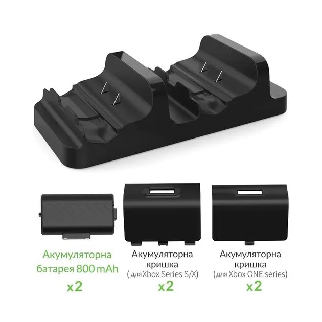 Двойная зарядная dock станция DOBE с двумя аккумуляторными батареями 800 mAh подставка для геймпада Microsoft Wireless Controller Xbox Series X | Xbox Series S, Xbox One X / S / Xbox One c LED индикаторам статуса зарядки джойстика