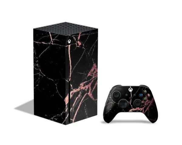 Виниловая наклейка на игровую приставку Microsoft Xbox Series X и контроллер с принтом чёрный мрамор, арт.7010095