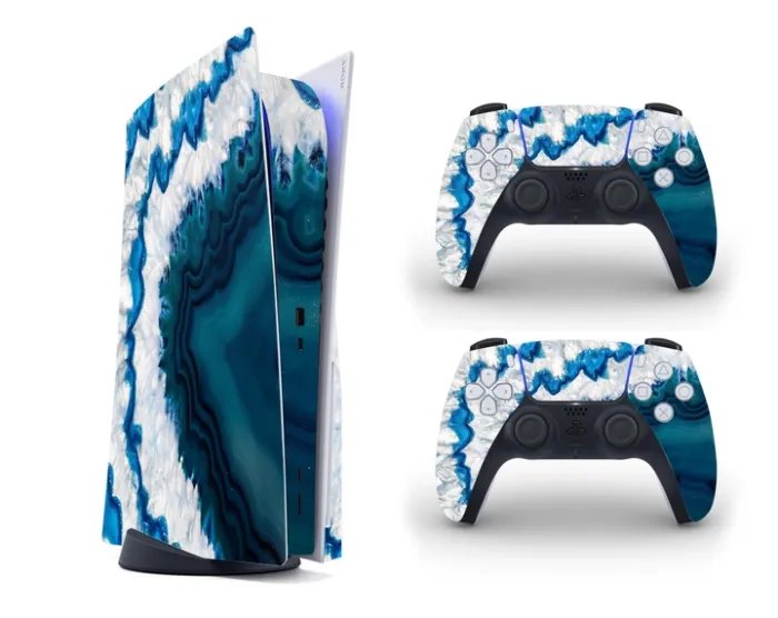 Виниловая наклейка на Playstation 5 консоль и контроллер с принтом сине-белый агат, арт.700494