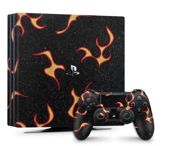 Виниловая наклейка на Playstation 4 Slim консоль и контроллер чёрный фон огонь, арт.7010178