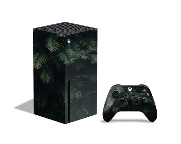 Вінілова наклейка на ігрову приставку Microsoft Xbox Series X та контролер із принтом зелене листя, арт.701005