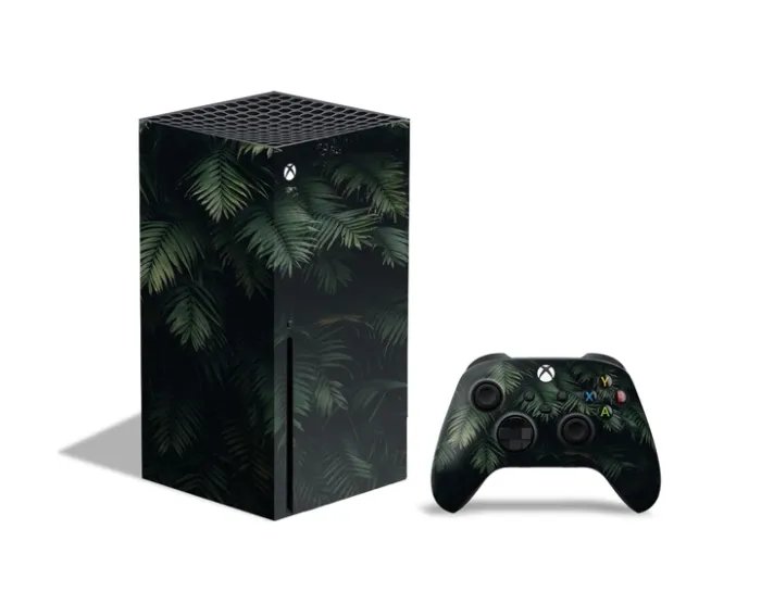 Вінілова наклейка на ігрову приставку Microsoft Xbox Series X та контролер із принтом зелене листя, арт.701005