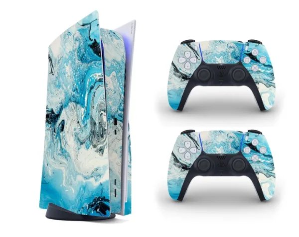Виниловая наклейка на Playstation 5 консоль и контроллер с принтом снежно-голубой мрамор, арт.700482
