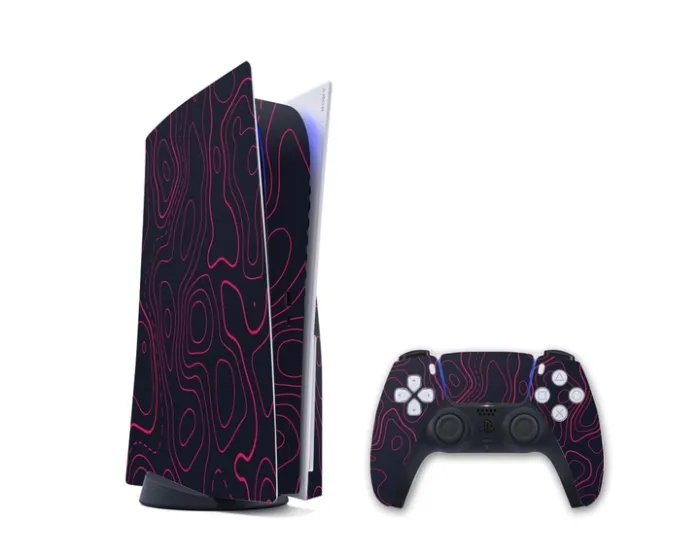 Виниловая наклейка на Playstation 5 консоль и контроллер с принтом черно-красные разводы, арт.700540
