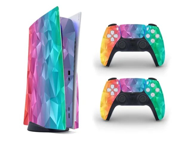 Виниловая наклейка на Playstation 5 консоль и контроллер с принтом разноцветные кусочки стекла, арт.700477