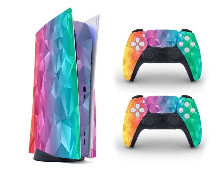 Виниловая наклейка на Playstation 5 консоль и контроллер с принтом разноцветные кусочки стекла, арт.700477