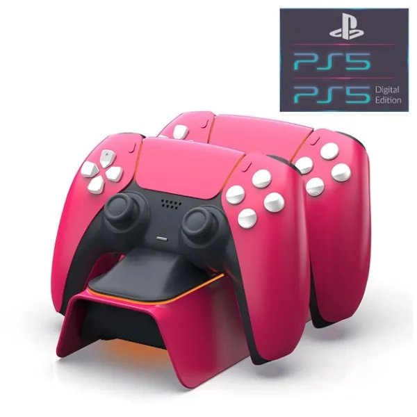 Двойная зарядная красная dock станция DOBE подставка для двух геймпадов DualSense консоли Sony PlayStation 5 (PS5 / PS5 Digital Edition) c LED подсветкой статуса зарядки контроллера, джойстика