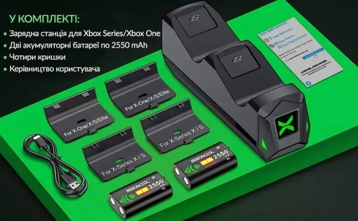 Двойная зарядная dock станция BEBONCOOL с двумя аккумуляторными батареями 2550 mAh подставка для геймпада Microsoft Wireless Controller Xbox Series X | Xbox Series S, Xbox One / X / S / Elite c LED индикаторам статуса зарядки джойстика