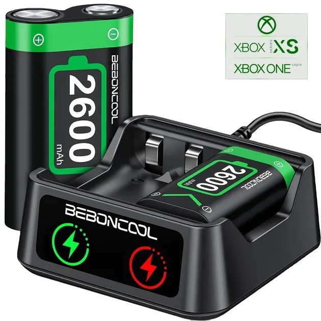 Зарядная dock станция BEBONCOOL с двумя аккумуляторными батареями емкостью 2600 mAh для геймпада Microsoft Wireless Controller консоли Xbox Series X|S, Xbox One X / Xbox One S / Xbox One с LED подсветкой статуса зарядки