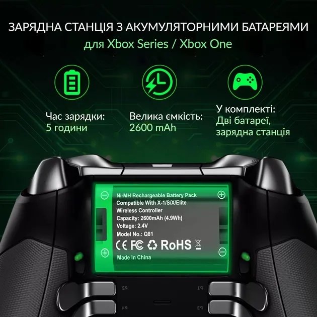 Зарядная dock станция BEBONCOOL с двумя аккумуляторными батареями емкостью 2600 mAh для геймпада Microsoft Wireless Controller консоли Xbox Series X|S, Xbox One X / Xbox One S / Xbox One с LED подсветкой статуса зарядки