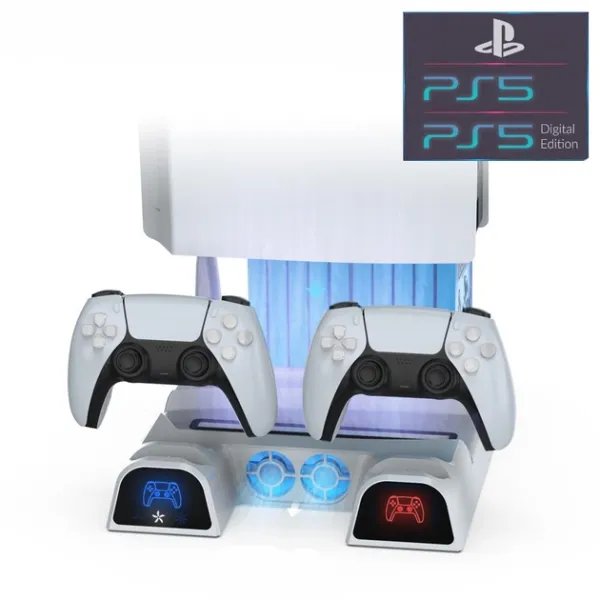 Мультифункциональная охлаждающая подставка DOBE с отводом тепла для консоли Sony PlayStation 5 (PS5 / PS5 Digital Edition), зарядная станция для двух геймпадов DualSense с LED подсветкой, подставка под 11 дисков, белый цвет