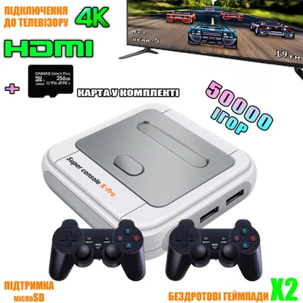 Супер игровая консоль для телевизора PlayNes XPRO SC Android 4К приставка ретро игр с двумя беспроводными джойстиками, HDMI/AV и картой microSD 256Гб