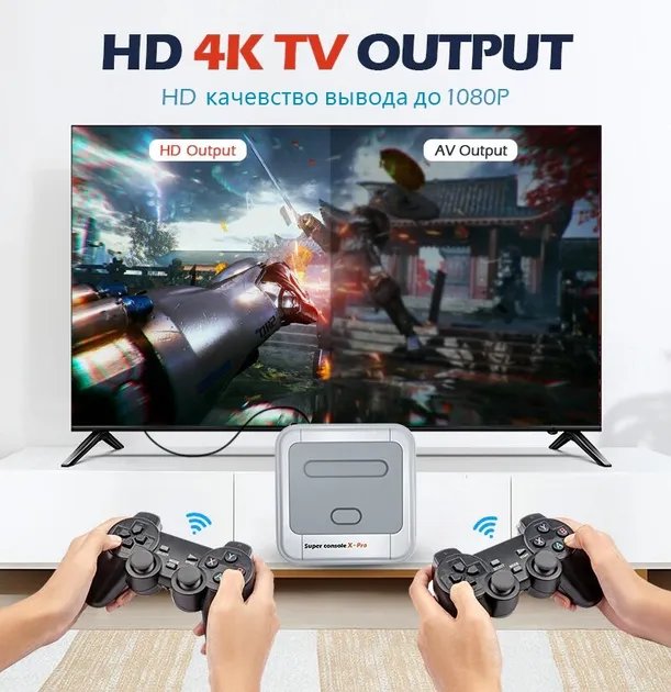 Супер игровая консоль для телевизора PlayNes XPRO SC Android 4К приставка ретро игр с двумя беспроводными джойстиками, HDMI/AV и картой microSD 256Гб