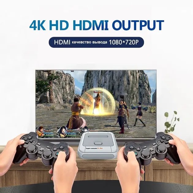 Супер игровая консоль для телевизора PlayNes XPRO SC Android 4К приставка ретро игр с двумя беспроводными джойстиками, HDMI/AV и картой microSD 256Гб
