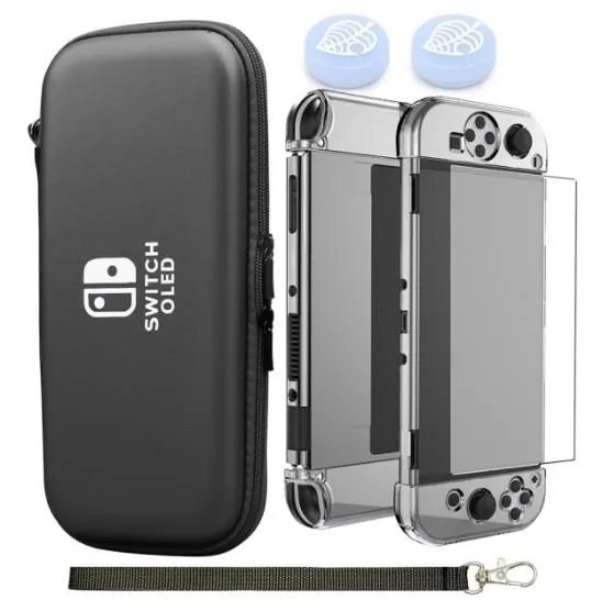 Супер комплект кейс + чехол + стекло + накладки для Nintendo Switch OLED / Black