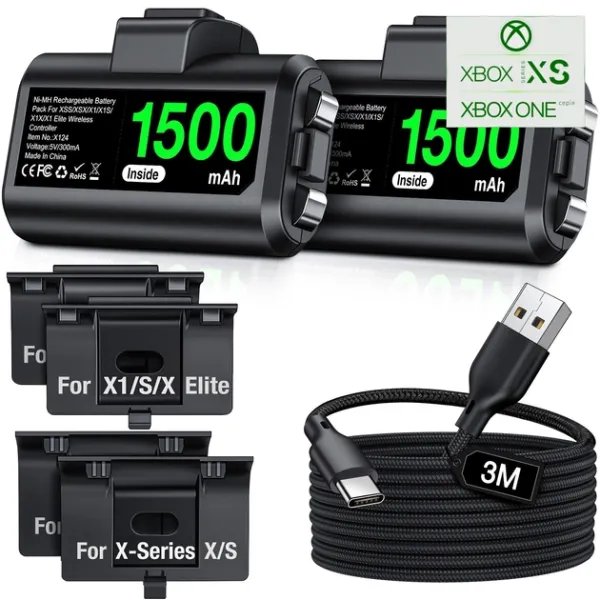 Аккумуляторная батарея 1500 mAh (2 шт.) и зарядный кабель BEBONCOOL 3м USB-A / USB Type-C для геймпада Microsoft Wireless Controller консоли Xbox Series X / S, Xbox One X/S/Elite с LED подсветкой статуса зарядки