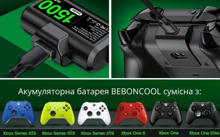 Аккумуляторная батарея 1500 mAh (2 шт.) и зарядный кабель BEBONCOOL 3м USB-A / USB Type-C для геймпада Microsoft Wireless Controller консоли Xbox Series X / S, Xbox One X/S/Elite с LED подсветкой статуса зарядки