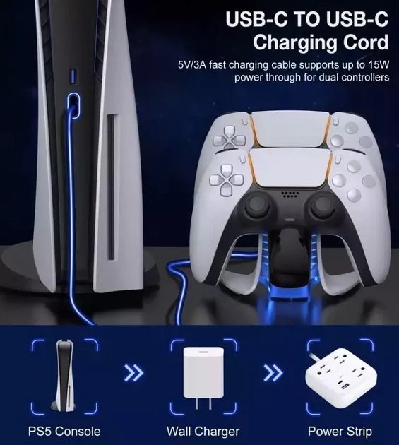 Зарядка для джойстика PS 5 Dobe Док Станция для PlayStation 5 PS 5 DualSense на 2 геймпада с LED подсветкой P5V Серый