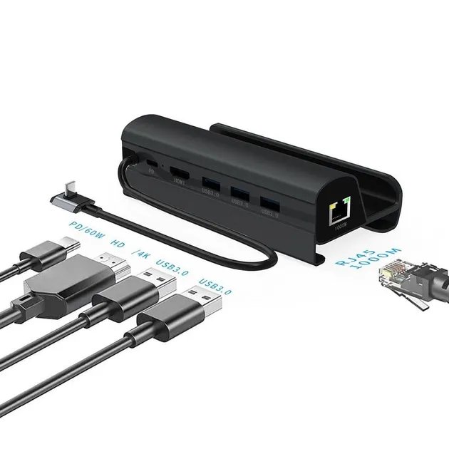 Док-станция 6 в 1 VKTECH HC86 для ASUS ROG ALLY / LAN / HDMI / USB / Black
