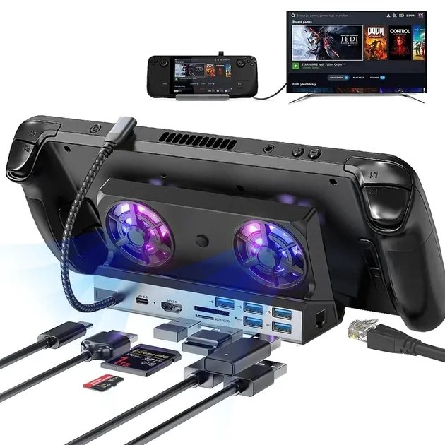 Док-станция 10в1 100W с куллером охлаждения для Steam Deck|iOS|iPad|Android (HDMI 4K/ Gigabit Ethernet/ 5хUSB 3.0/ USB-C/SD/TF Card)