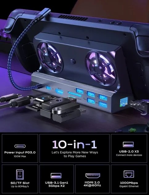Док-станция 10в1 100W с куллером охлаждения для Steam Deck|iOS|iPad|Android (HDMI 4K/ Gigabit Ethernet/ 5хUSB 3.0/ USB-C/SD/TF Card)