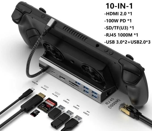 Док-станция 10в1 100W с куллером охлаждения для Steam Deck|iOS|iPad|Android (HDMI 4K/ Gigabit Ethernet/ 5хUSB 3.0/ USB-C/SD/TF Card)