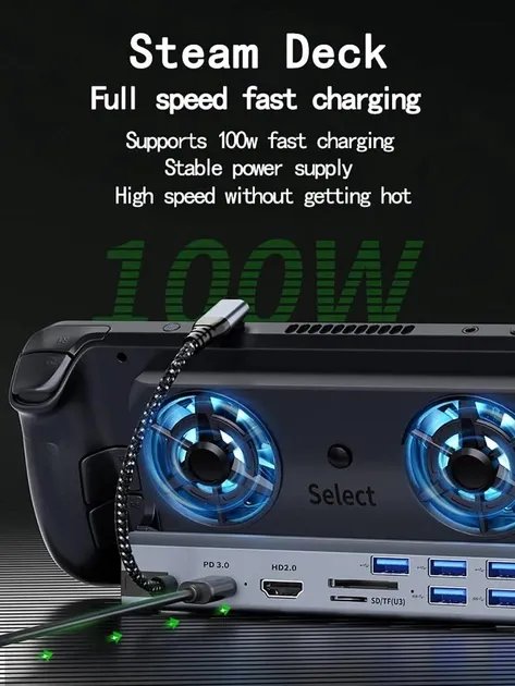 Док-станция 10в1 100W с куллером охлаждения для Steam Deck|iOS|iPad|Android (HDMI 4K/ Gigabit Ethernet/ 5хUSB 3.0/ USB-C/SD/TF Card)
