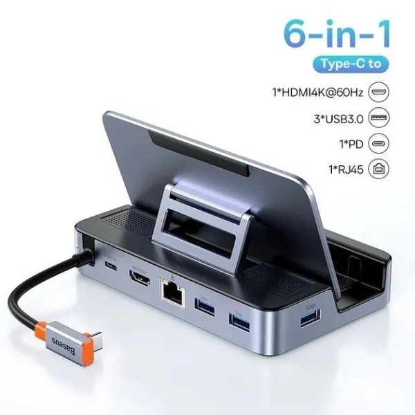 Док-станция Baseus 6в1 100W для Steam Deck|Macbook|iPad|Android (HDMI 4K/ Ethernet/ 3хUSB 3.0/ USB-C 100W)