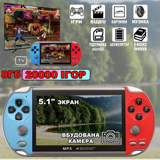 Игровая приставка ретро портативная консоль с классическими установленными играми 20000в1 8gb XPRO PSP 7X CAM экран 5.1" и ТВ выход