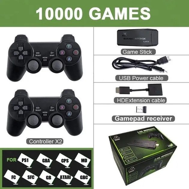 Портативная игровая приставка Game Stick 4K HDMI для телевизора с двумя беспроводными джойстиками, Черный