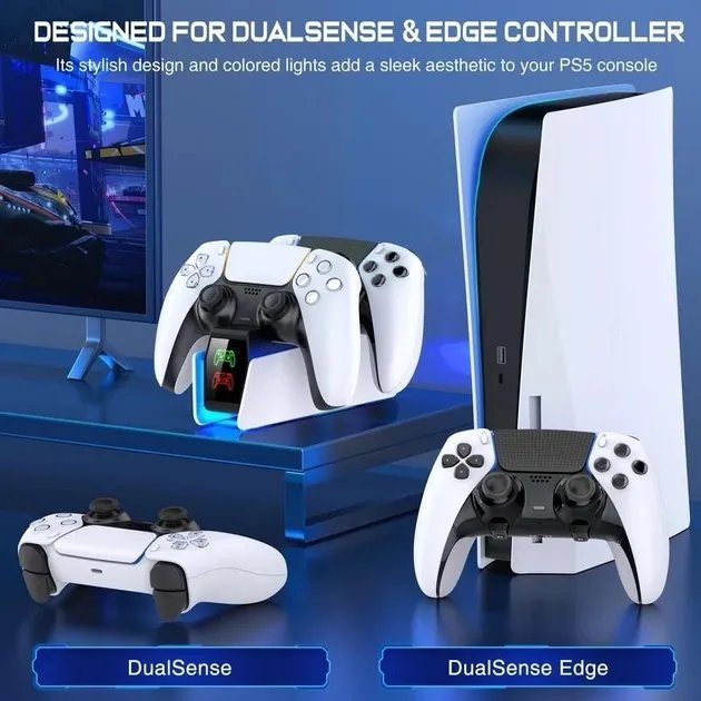 Зарядка для джойстика PS 5 Chargings Station BebonCool Док Станция для PlayStation 5 PS 5 DualSense Dualsense Edge на 2 геймпада с LED RGB подсветкой Белый