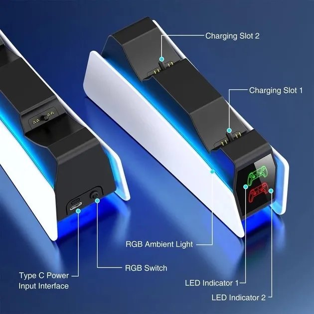 Зарядка для джойстика PS 5 Chargings Station BebonCool Док Станция для PlayStation 5 PS 5 DualSense Dualsense Edge на 2 геймпада с LED RGB подсветкой Белый