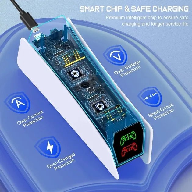 Зарядка для джойстика PS 5 Chargings Station BebonCool Док Станция для PlayStation 5 PS 5 DualSense Dualsense Edge на 2 геймпада с LED RGB подсветкой Белый