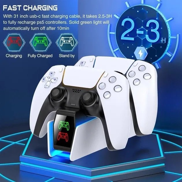 Зарядка для джойстика PS 5 Chargings Station BebonCool Док Станция для PlayStation 5 PS 5 DualSense Dualsense Edge на 2 геймпада с LED RGB подсветкой Белый