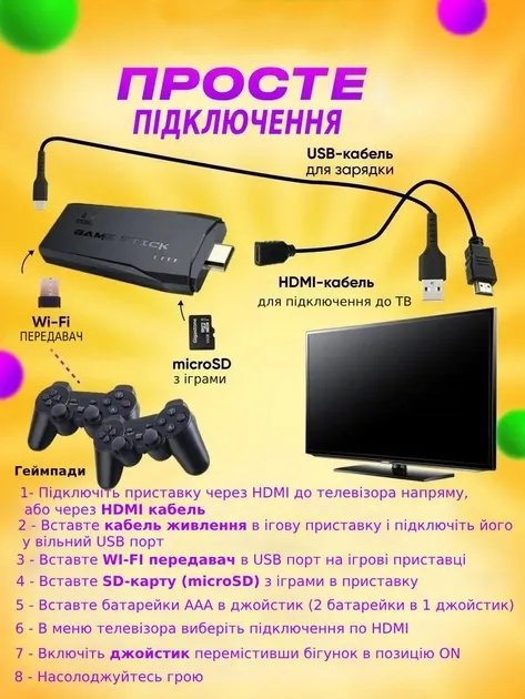 Игровая приставка (ретро-консоль) GameStick LITE GREEN с HDMI: 10000 игр Dendy Sega (аркадные игры) 4K, черного цвета 2 джойстика в комплекте