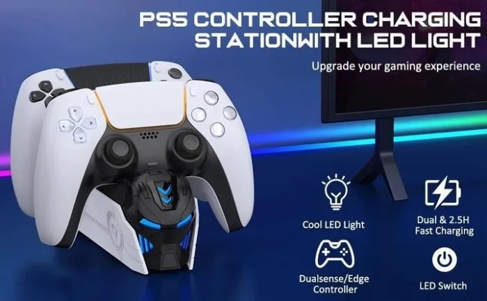 Зарядка для джойстика PS 5 BebonCool Док Станция для PlayStation 5 PS 5 DualSense на 2 геймпада с LED подсветкой Серый