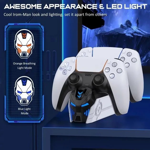 Зарядка для джойстика PS 5 BebonCool Док Станция для PlayStation 5 PS 5 DualSense на 2 геймпада с LED подсветкой Серый