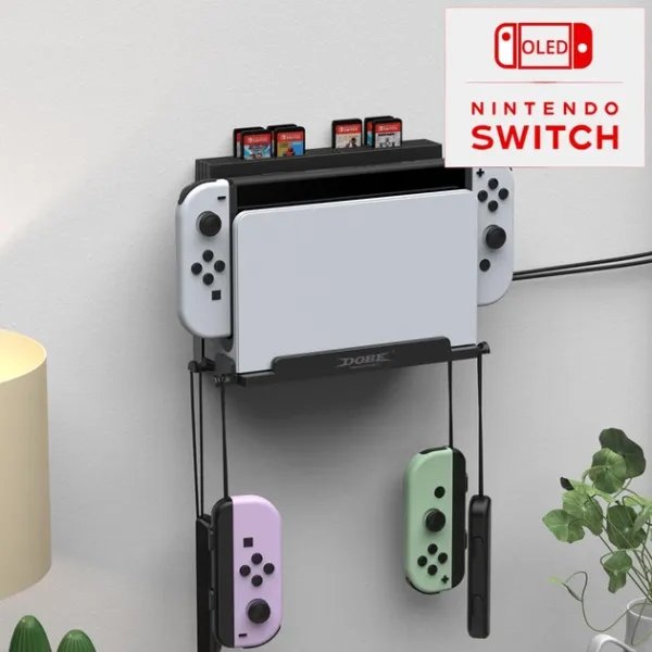 Настенное крепление DOBE для док станции консоли Nintendo Switch / NS OLED model / стеллаж для 28 игровых картриджей / крючки для Joy-Con / держатель-кронштейн на стену