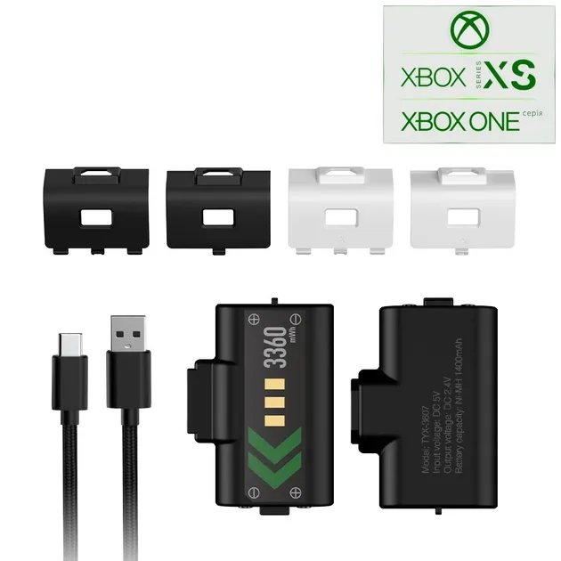 Аккумуляторная батарея DOBE 1400 mAh (2шт) для геймпада Microsoft Wireless Controller консоли Xbox Series S | X, Xbox One / X / S / Elite / две белые, две черные крышки / зарядный кабель Type-C / LED индикатор статуса зарядки