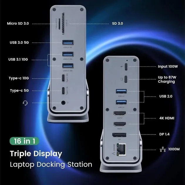Игровая станция 16в1 100W для Macbook/MSI/Asus/Samsung/Dell/Lenovo/HP/Acer/Android